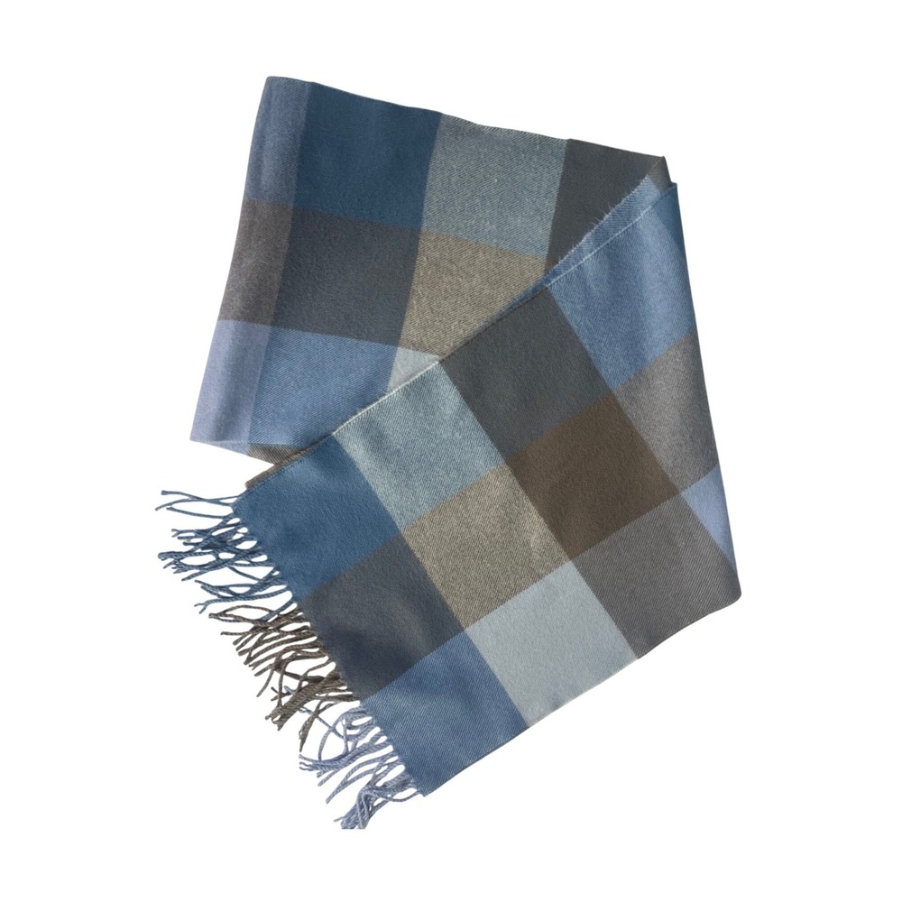 Hand Tailored Cashmere Scarf Women OS Blue Plaid Check Germany Luxury Soft Warm
